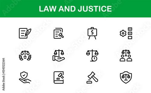 Law and Justice Icon Set in Vector Style Featuring Legal Symbols, Courtroom Elements, and Attorney Tools