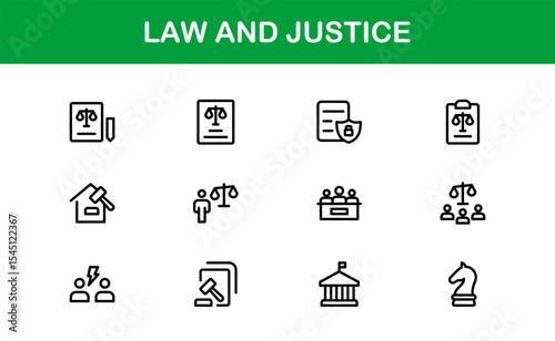 Law and Justice Icon Set in Vector Style Featuring Legal Symbols, Courtroom Elements, and Attorney Tools