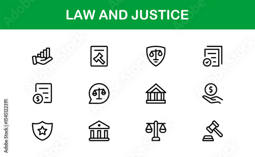 Law and Justice Icon Set in Vector Style Featuring Legal Symbols, Courtroom Elements, and Attorney Tools