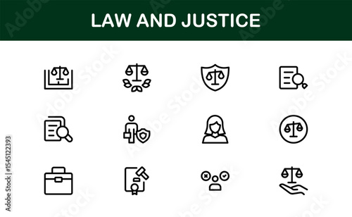 Law and Justice Icon Set in Vector Style Featuring Legal Symbols, Courtroom Elements, and Attorney Tools