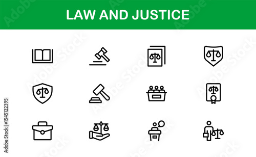 Law and Justice Icon Set in Vector Style Featuring Legal Symbols, Courtroom Elements, and Attorney Tools