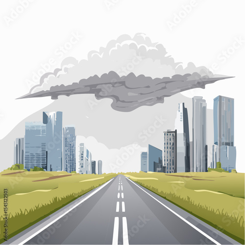 long, empty road cuts through a ruined cityscape under a stormy sky