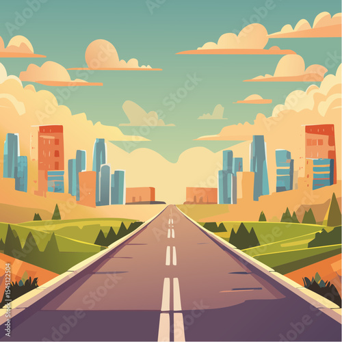 long, empty road cuts through a ruined cityscape under a stormy sky