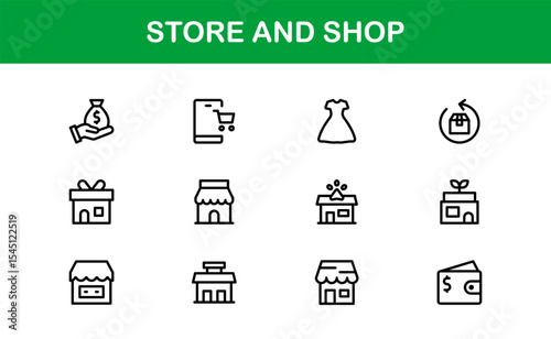 Modern Store and Shop Icons Featuring Retail, Checkout, and E-commerce Graphics in Line Style