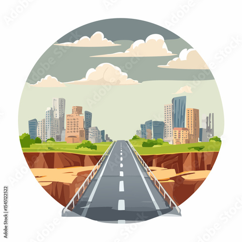 long, empty road cuts through a ruined cityscape under a stormy sky