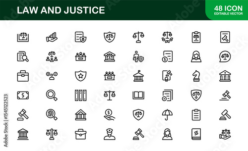 Law and Justice Icon Set in Vector Style Featuring Legal Symbols, Courtroom Elements, and Attorney Tools