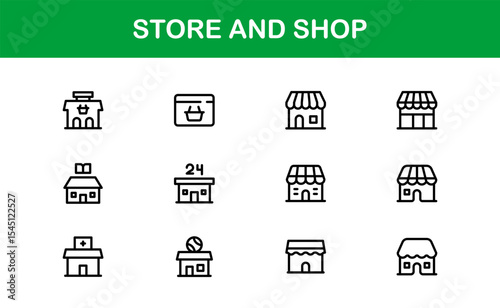 Modern Store and Shop Icons Featuring Retail, Checkout, and E-commerce Graphics in Line Style