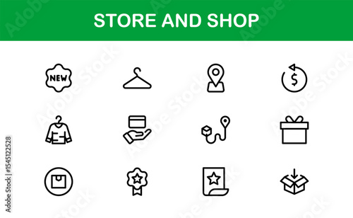 Modern Store and Shop Icons Featuring Retail, Checkout, and E-commerce Graphics in Line Style