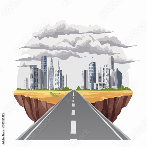 long, empty road cuts through a ruined cityscape under a stormy sky