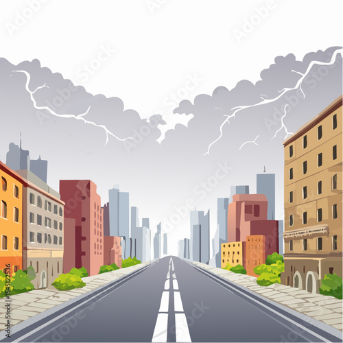 long, empty road cuts through a ruined cityscape under a stormy sky