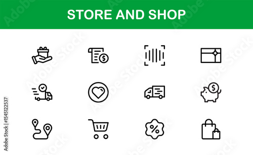 Modern Store and Shop Icons Featuring Retail, Checkout, and E-commerce Graphics in Line Style