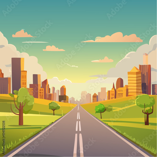 long, empty road cuts through a ruined cityscape under a stormy sky