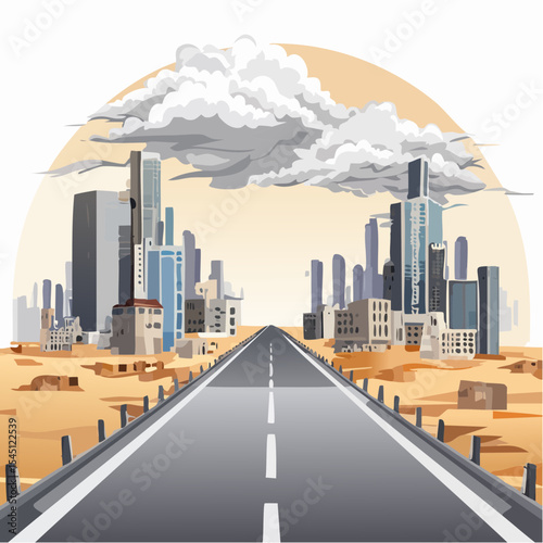 long, empty road cuts through a ruined cityscape under a stormy sky
