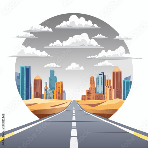 long, empty road cuts through a ruined cityscape under a stormy sky