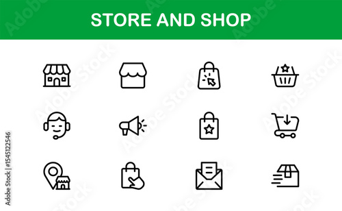 Modern Store and Shop Icons Featuring Retail, Checkout, and E-commerce Graphics in Line Style