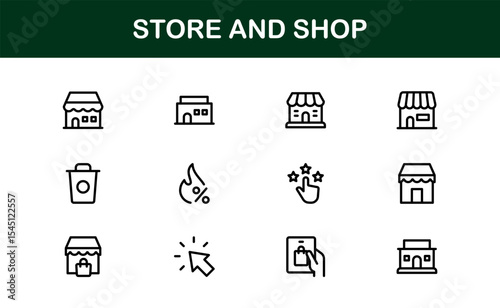 Modern Store and Shop Icons Featuring Retail, Checkout, and E-commerce Graphics in Line Style