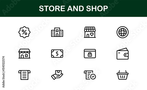 Modern Store and Shop Icons Featuring Retail, Checkout, and E-commerce Graphics in Line Style