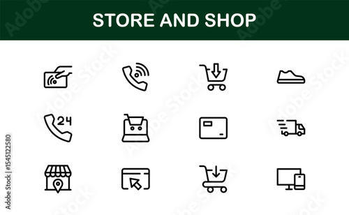 Modern Store and Shop Icons Featuring Retail, Checkout, and E-commerce Graphics in Line Style