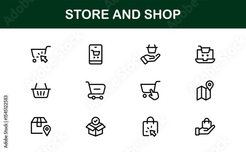 Modern Store and Shop Icons Featuring Retail, Checkout, and E-commerce Graphics in Line Style