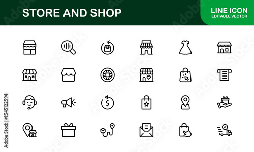 Modern Store and Shop Icons Featuring Retail, Checkout, and E-commerce Graphics in Line Style