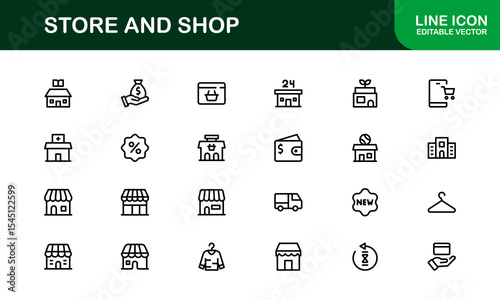 Modern Store and Shop Icons Featuring Retail, Checkout, and E-commerce Graphics in Line Style