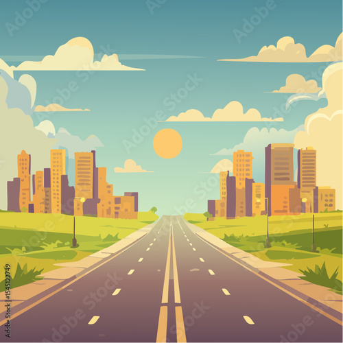 long, empty road cuts through a ruined cityscape under a stormy sky