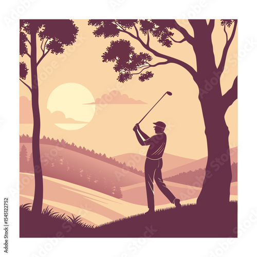 Golf Silhouette in Nature Landscape at Sunset | Stock Vector Illustration