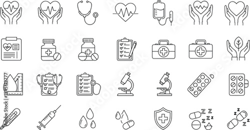 Comprehensive Medical and Healthcare Icon Set for Wellness, Diagnosis, Treatment, and Patient Care