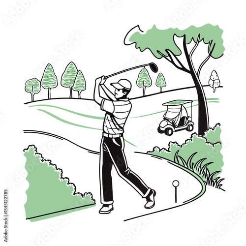 Golf Player Swinging Club on the Green Course, Sports Illustration
