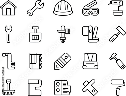 Construction and Repair Line Icons Set Home, Tools, Hard Hat, Safety Goggles, Wrench, Hammer, Drill, Paint Roller, and Building Equipment for Renovation and DIY Projects