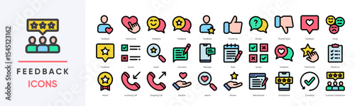 Feedback icons collection set, including testimonials, reviews, surveys, and user responses. Perfect for customer service, UX interfaces, rating systems, and communication platforms.