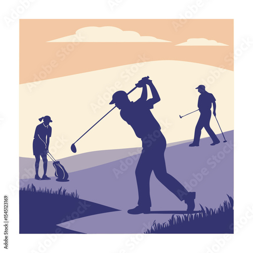 Golfers on the Course: Abstract Illustration of a Golf Outing in Silhouette