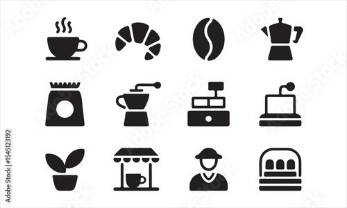 set features a collection of simple, black and white icons depicting various aspects of a coffee shop vector art on white