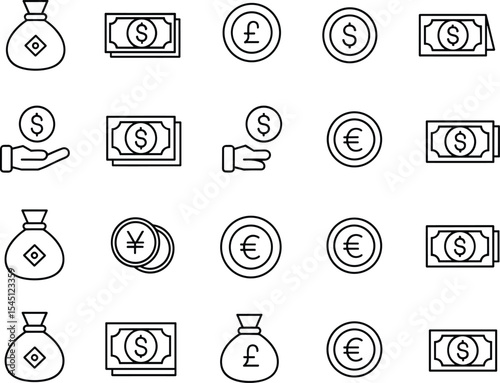 Currency and Finance Line Icons Set: Money Bag, Dollar, Euro, Pound, Yen, Coins, Cash, Payment, Economy, and Investment Symbols for Banking and Financial Services