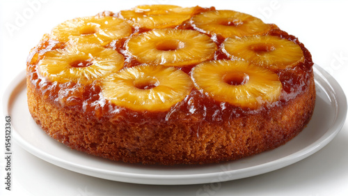 Pineapple upside down cake with caramelized pineapple rings on white plate, delicious and sweet dessert