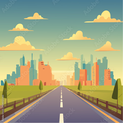 long, empty road cuts through a ruined cityscape under a stormy sky