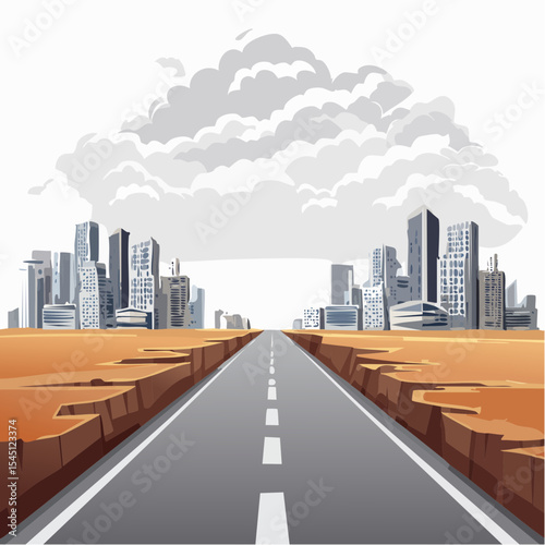 long, empty road cuts through a ruined cityscape under a stormy sky