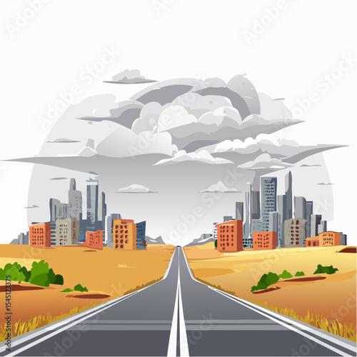 long, empty road cuts through a ruined cityscape under a stormy sky
