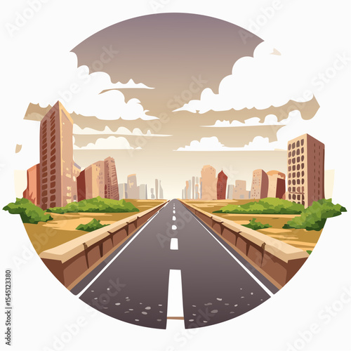 long, empty road cuts through a ruined cityscape under a stormy sky