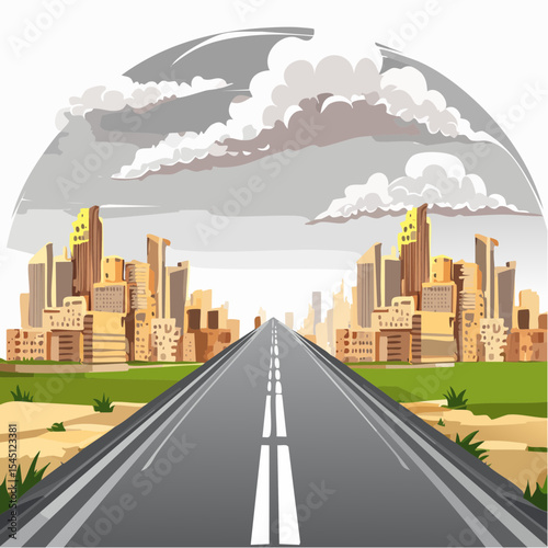 long, empty road cuts through a ruined cityscape under a stormy sky