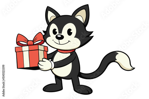 Cartoon cat presents a red gift box with matching bow while standing cheerfully