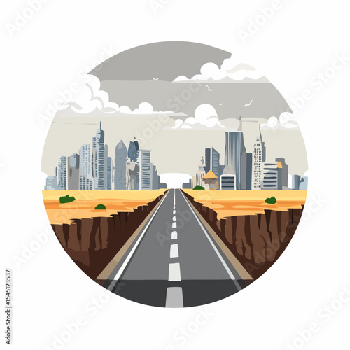 long, empty road cuts through a ruined cityscape under a stormy sky