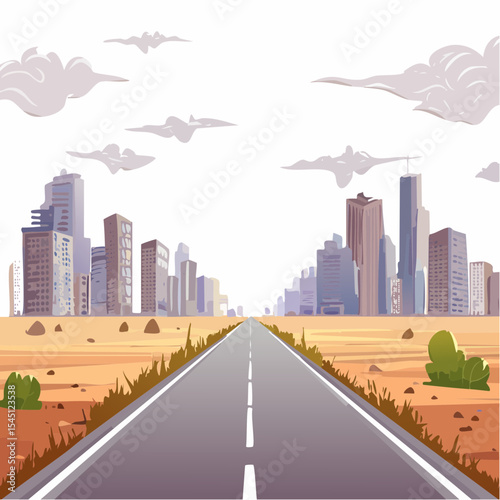 long, empty road cuts through a ruined cityscape under a stormy sky