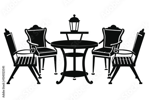 Black Silhouette of Round Table with Decorative Lantern and Four Elegant Chairs