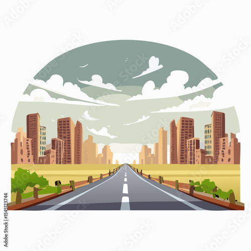 long, empty road cuts through a ruined cityscape under a stormy sky