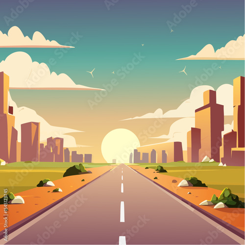 long, empty road cuts through a ruined cityscape under a stormy sky