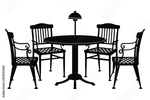Black Silhouette of Round Table, Lamp, and Four Chairs Set for Dining