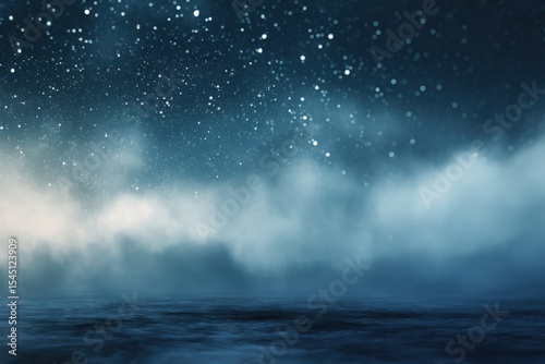 Cosmic space background shining over dark blue ocean with fog