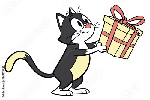 Cartoon cat with a gift box is giving the viewer an adorable surprise