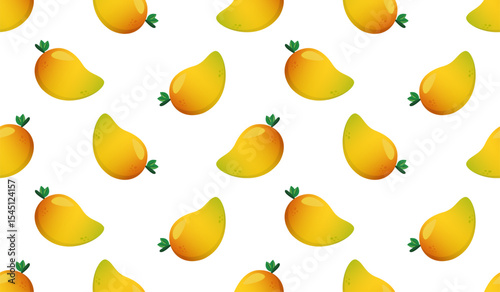 Vector seamless pattern with mango fruits. Summer tropical fruits on a white background.